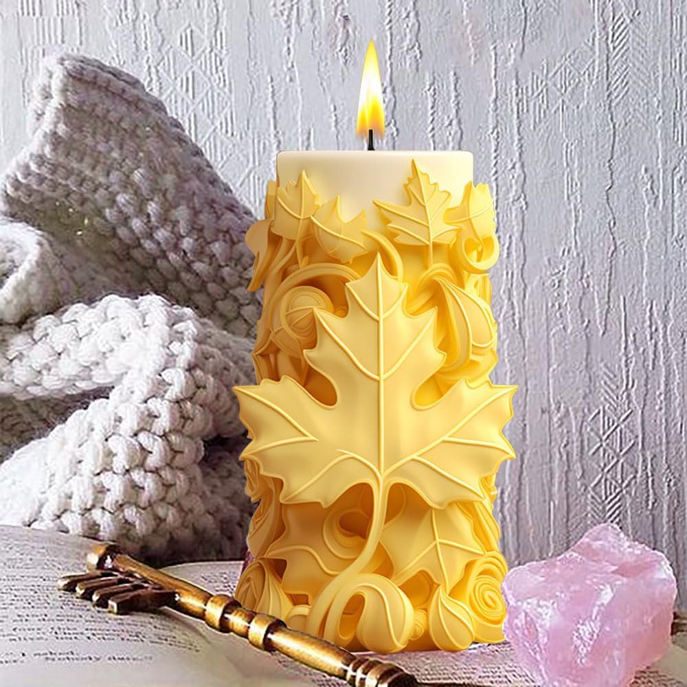 3D Maple Leaf Cylinder Silicone Mold Autumn Leaves Candle Molds for Candle Making Supplies Silicone Molds for Crafts DIY Scented Candles & Soaps Maple Leaves Fall Home Decorations Epoxy Resin Mold
