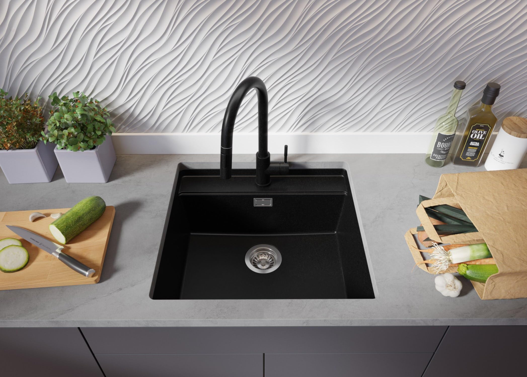 PRIMAGRAN Fregadero bajo Encimera al Mueble 60cm + Kit de desagüe, 56x53cm