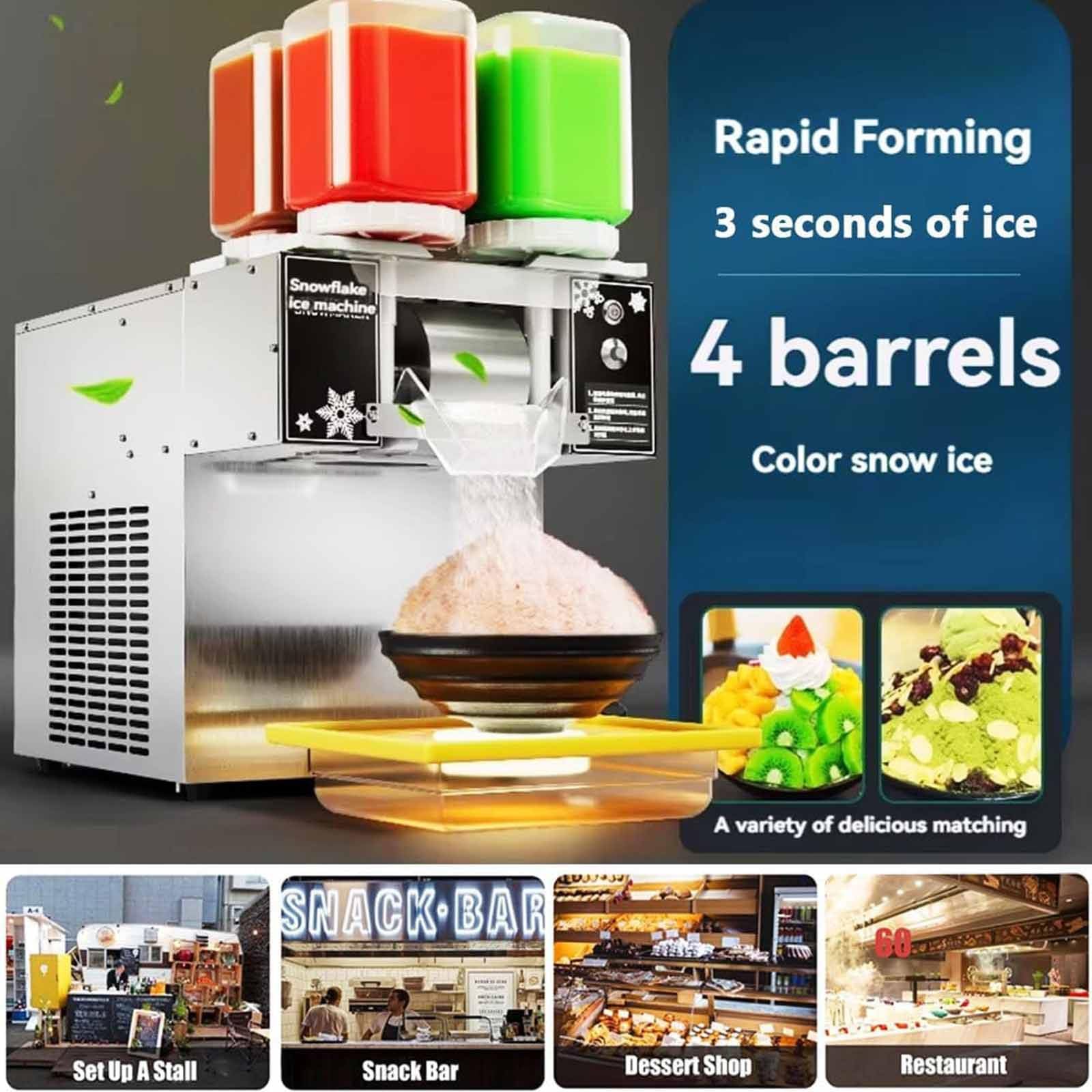 Máquina de Hielo Comercial de la Esposa de Nieve, afeitadora eléctrica 1200W para Batidos y Batidos, ajustes Ajustables, construcción de Acero Inoxidable con 4 Cubos