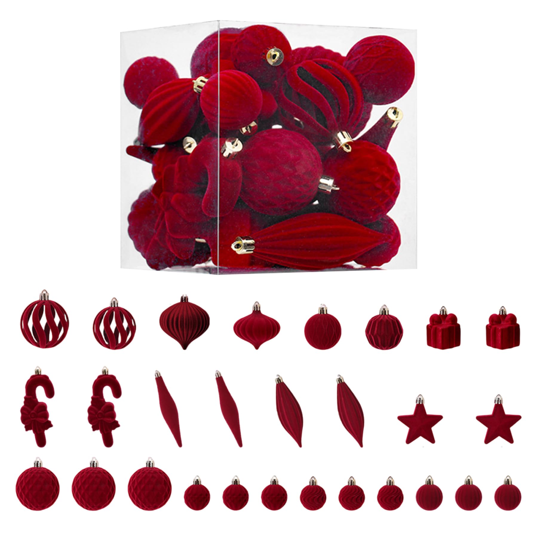 CAKEEYUM Christmas Ornaments Set 28PCS Shatterproof Velvet Christmas Tree Decorations for Xmas Tree, Holiday Party Decor, Wine Red Ornaments Set, Orname