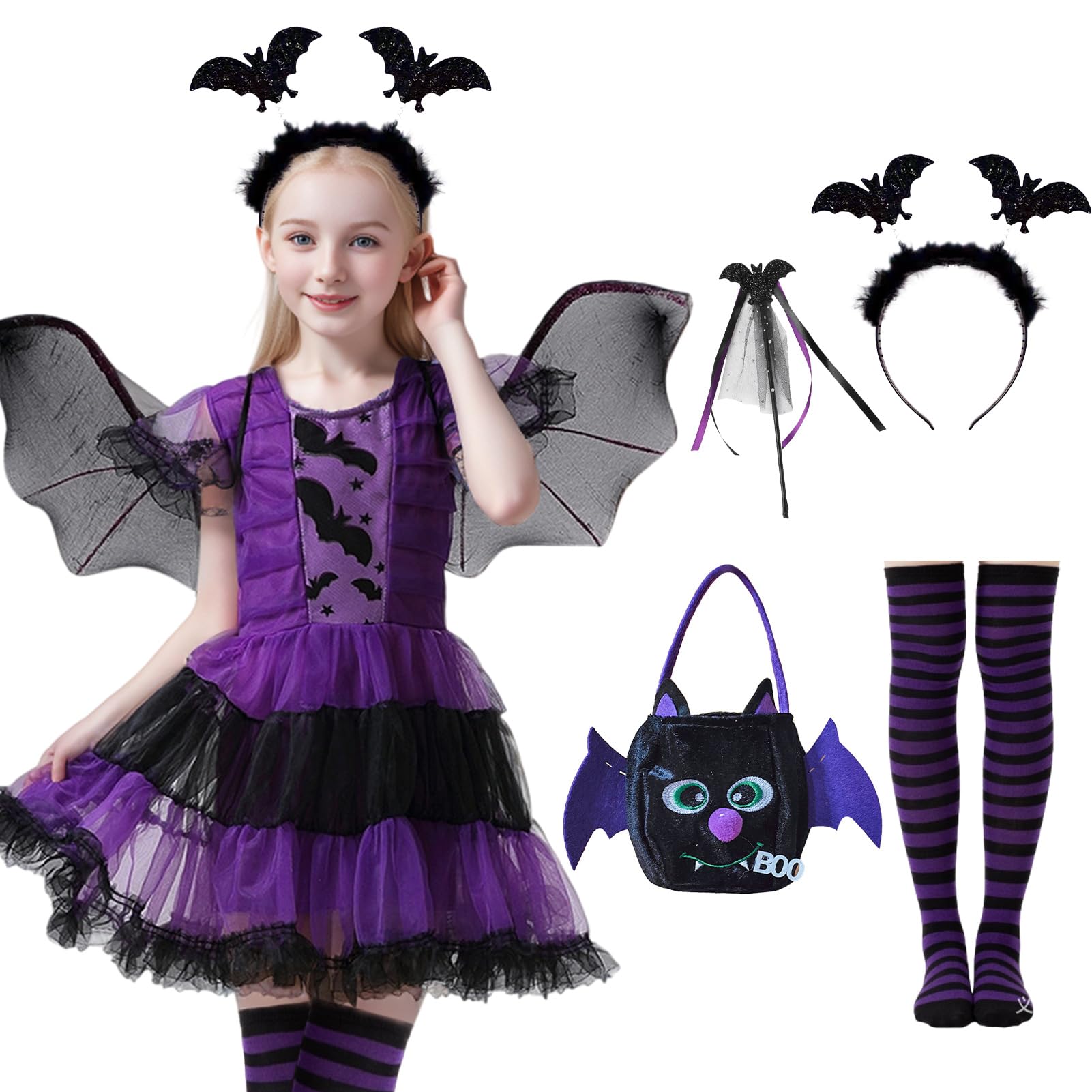 Halloween Bat Costume Set Girl, Purple Dress with Bat Wings Headband, Fancy Dress Outfit for Vampire Halloween Cosplay Party (150)