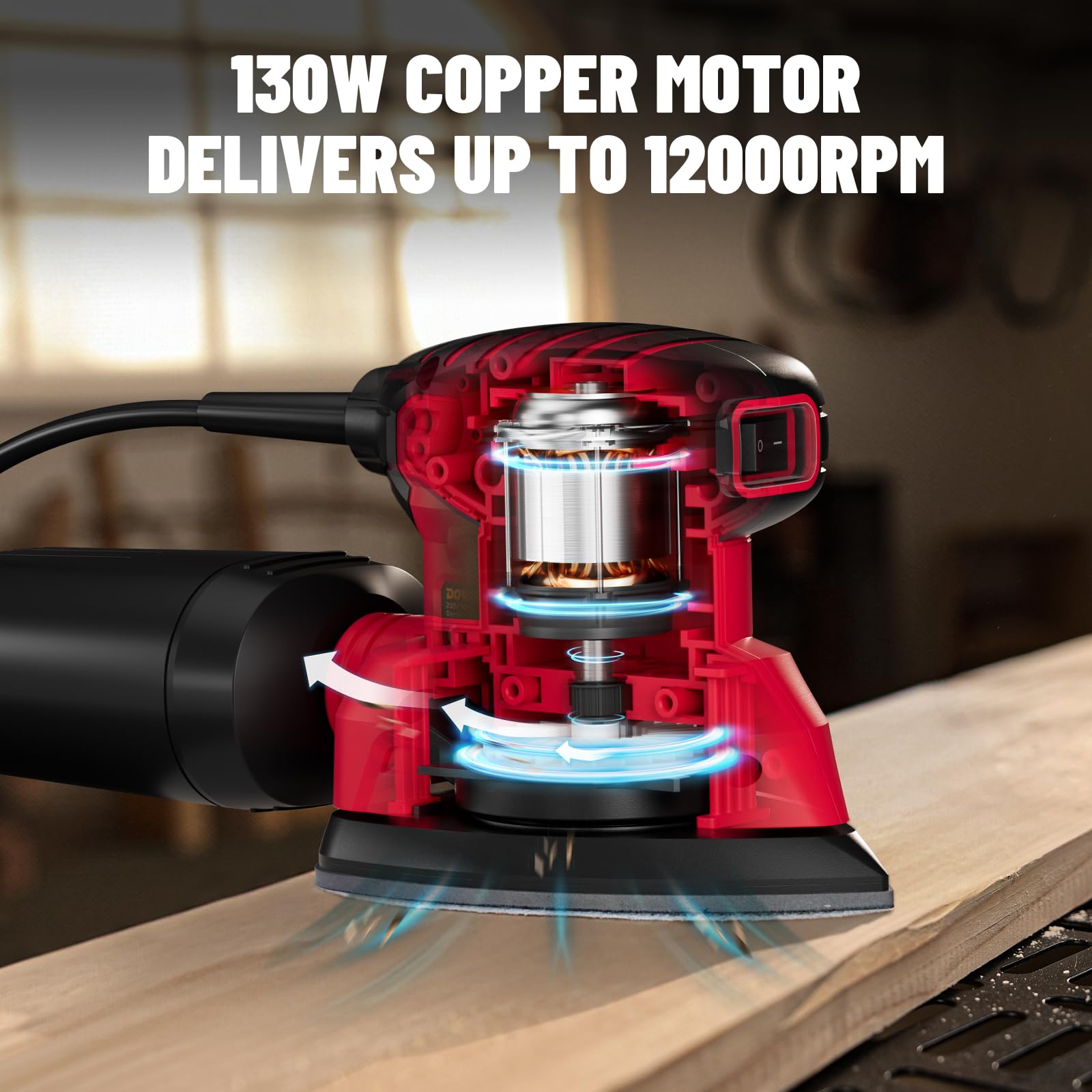 DOVAMAN DLS03A Detail Sander, 1.1 Amp Hand Sander with Dust Collector, 12000 RPM Compact Palm Sander with 12 Pcs Sanderpapers, Low Vibration, Lightweight Hand Sander for Wood and Steel - Red