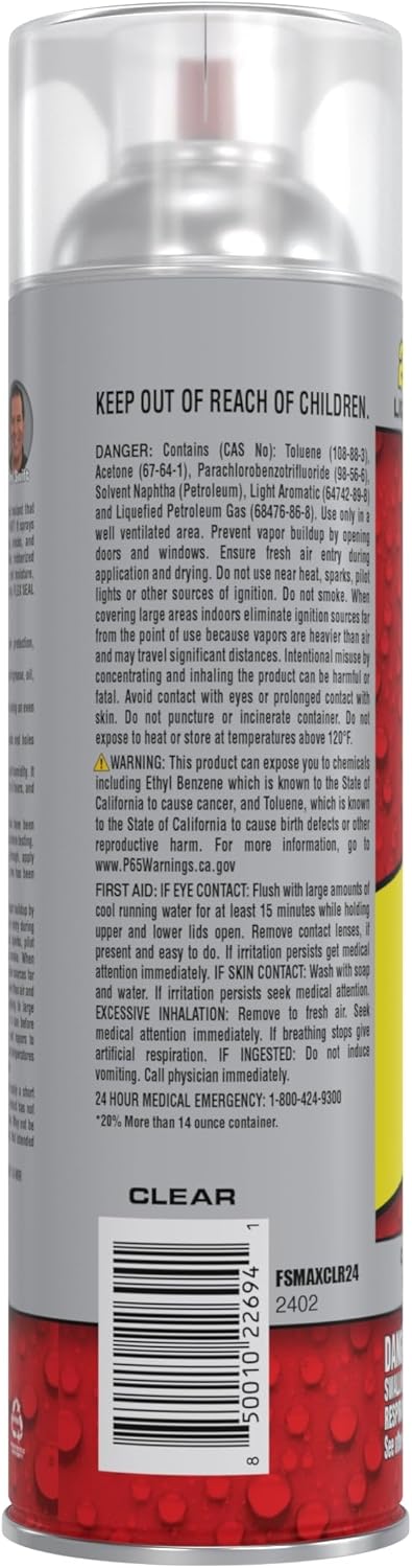 Side of Flex Seal MAX can with warning labels