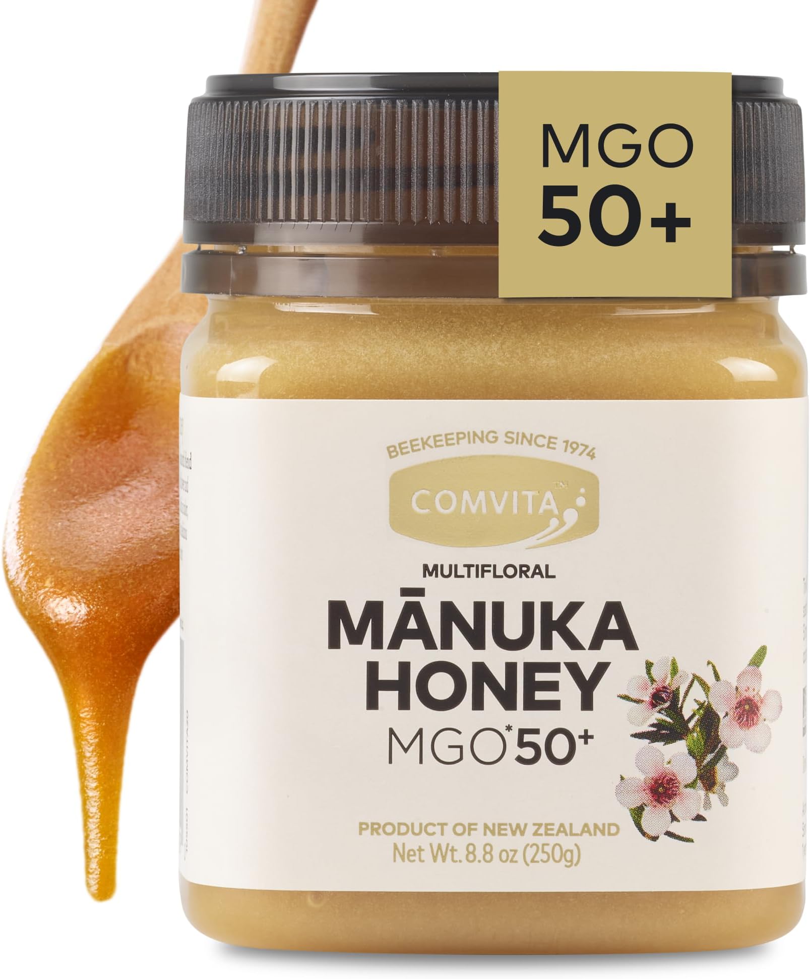 Comvita Manuka Honey MGO 50+ Multifloral - Raw Manuka Honey New Zealand, Pure & Unpasteurized for Tea & Wellness, Superfood Sugar Alternative, Wild, Non-GMO - 250g (8.8 oz)