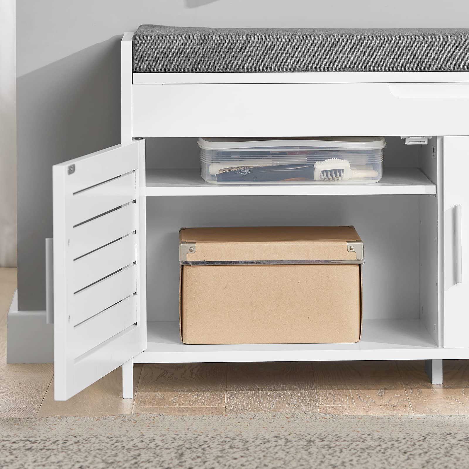 SoBuy Banco Zapatero con 2 Puertas 90x33x50cm para recibidor | Zapatero entrada con asiento, MDF y pino, estante ajustable 3 alturas, capacidad 100kg blanco FSR102-W