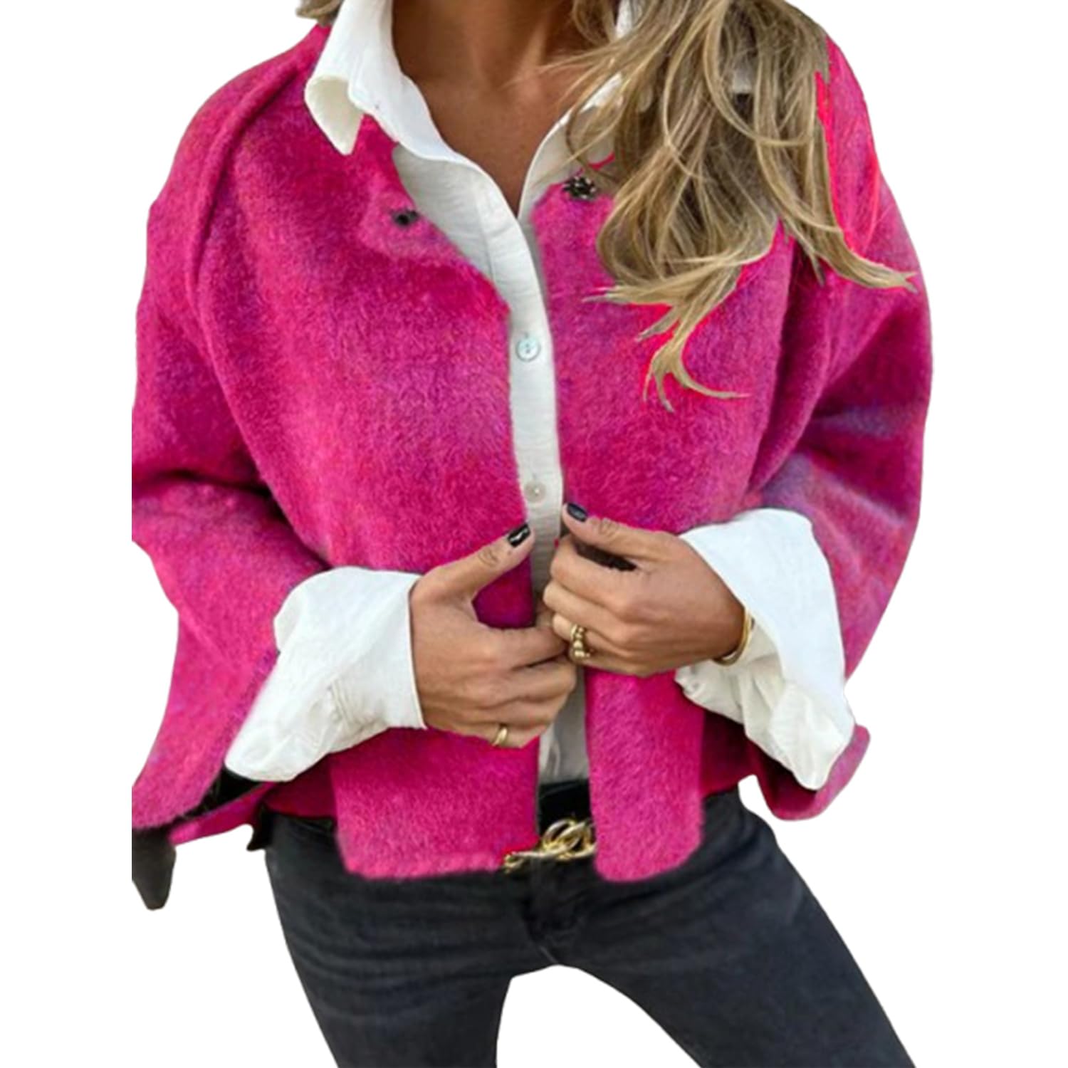 PNZLZIA Women's Round Neck Woolen Long Sleeve Coat, Soft Warm Cashmere Cardigan Jacket, Women Cropped Wool Blend Coat (Large,Rose Red)