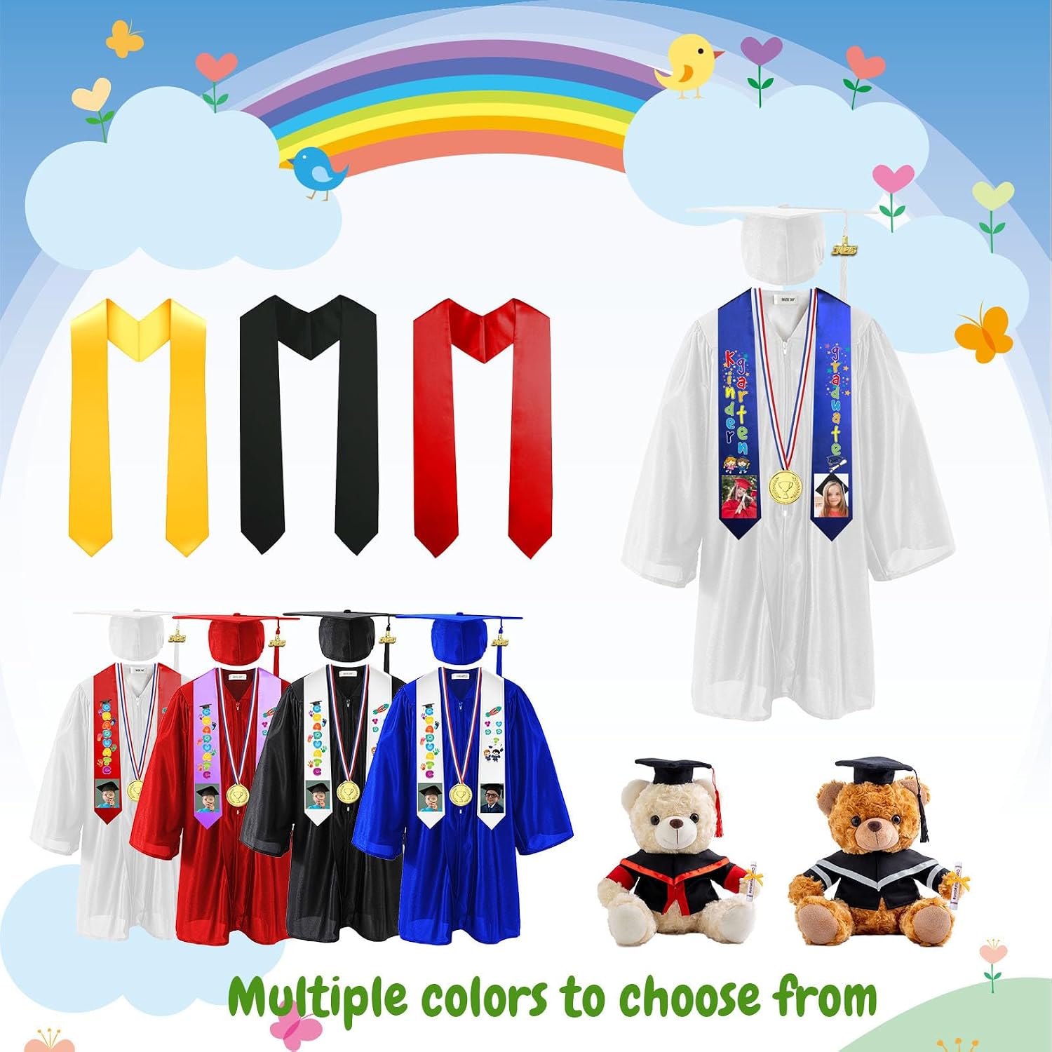 Custom Kindergarten Graduation Cap and Gown, Personalized Prek Graduation Cap and Gown with Grad Stole for Kids