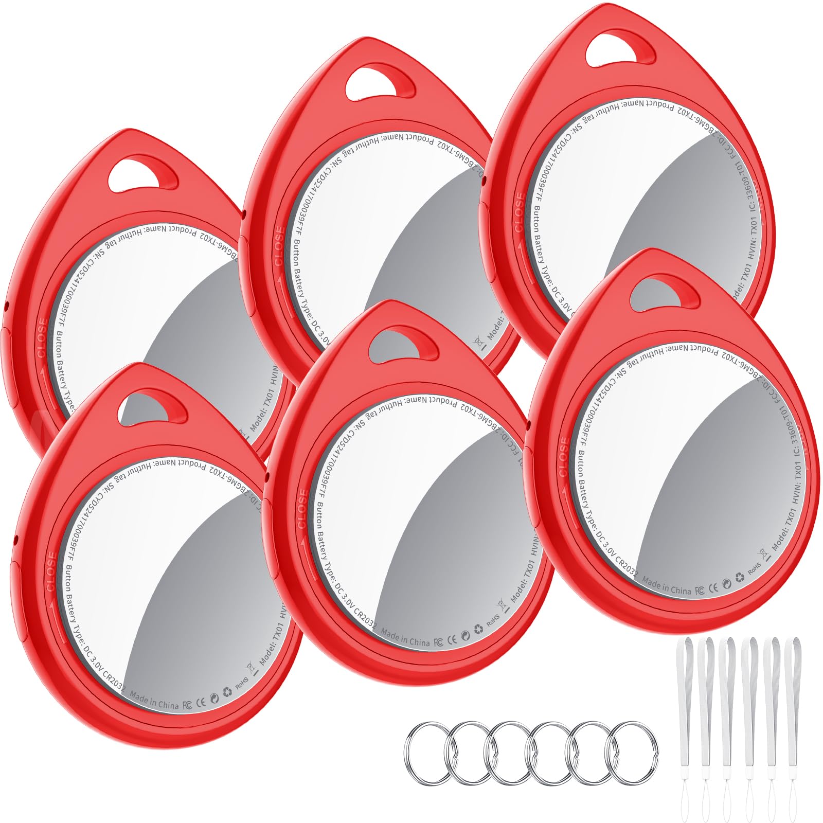 Tracker Tags 6 Pack Red, 5.3 Bluetooth Trackers Work with Apple Find My (iOS Only), 100dB Sound, Smart Tag with Keychain/Lanyard, Item Finders for Luggage/Key/Suitcases, Replaceable Battery