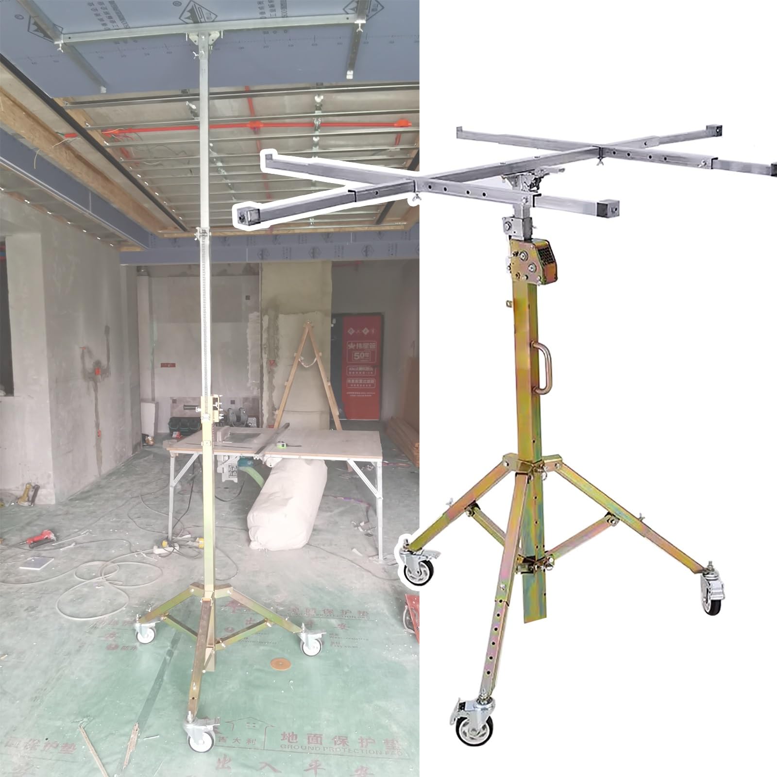 JYHHCYS Drywall Lift Panel Rolling Hoist Jack Lifter, One-Person Operation Panel Hoist Jack Too with Adjustable Telescopic Arm, Drywall Lifter for DIY and Home Renovation(Height up to 4m/13.1ft)