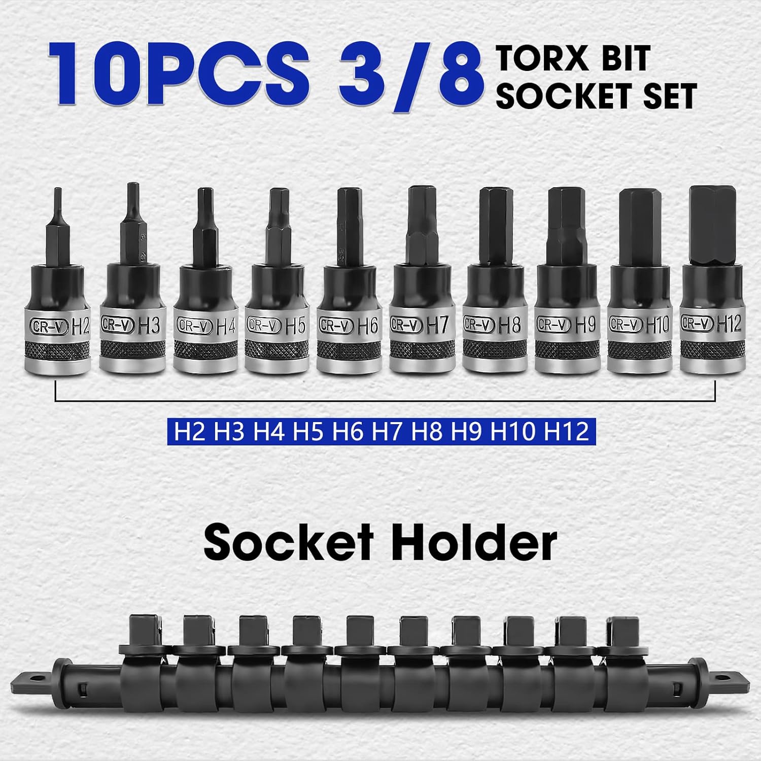 3/8 Inch Bit Socket Set With Holder 10pcs Star H2 - H12 Set CR-V S2 Bits for Grade Auto & Motorcycle Mechanic Set