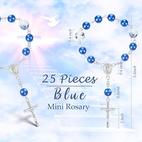 Miniatura 3 de Yinkin 50 mini rosarios azules de bautismo incluyen 25 rosarios azules de bautismo para bebé y 25 bolsas de organza, regalos de bautizo para bebé,