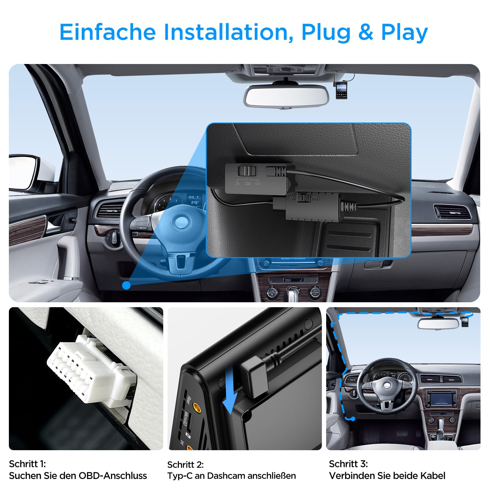 VIOFO OP100 OBD-II Tipo C - Cable de alimentación continua para cámaras de salpicadero de coche, cable OBD con interruptor de tiempo, 24 h de vigilancia de aparcamiento con protección de baja tensión
