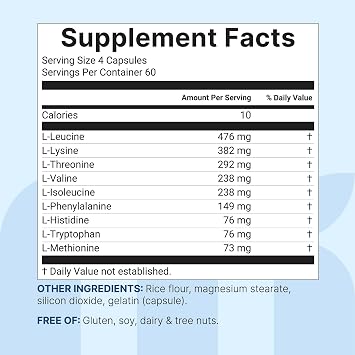 Essential Amino Acids 2,000mg Per Serving, 240 Capsules, All 9 EAAs & BCAAs | Post-Workout Muscle Recovery* | 2:1:1 Leucine, Isoleucine & Valine | Amino Acids Supplements for Women & Men | Non-GMO