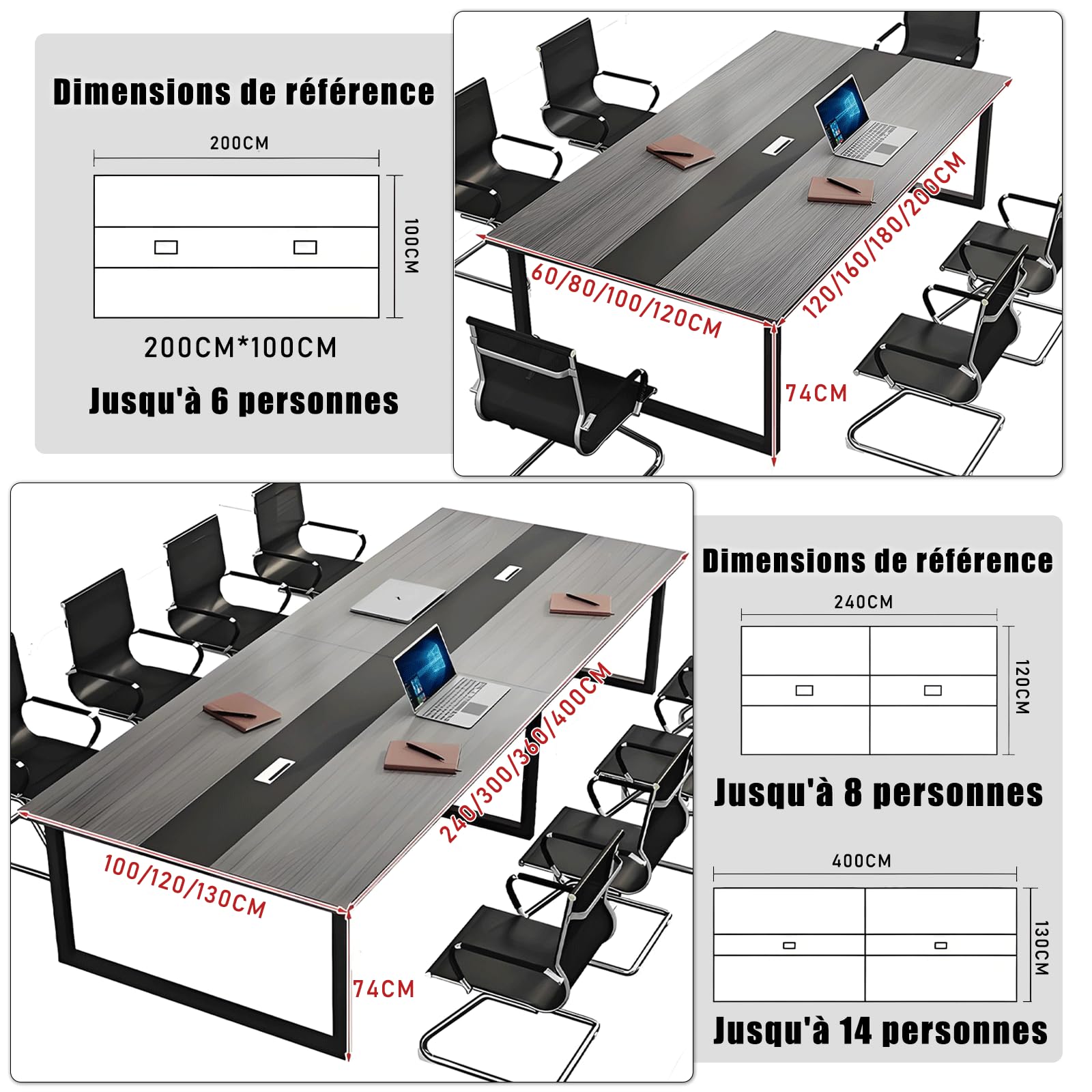 Grande Table de réunion – Bureau conférence pour 6 à 12 Personnes – Design Bois élégant – Installation Simple – Idéale pour Bureau, coworking, séminaires, écoles – (Chaises Non incluses)