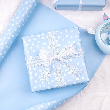 WRAPAHOLIC Reversible Wrapping Paper - Mini Roll - 17 Inch X 33 Feet - Light Blue and Delicate Polka Dots Design for Birthday, Holiday, Wedding, Baby Shower