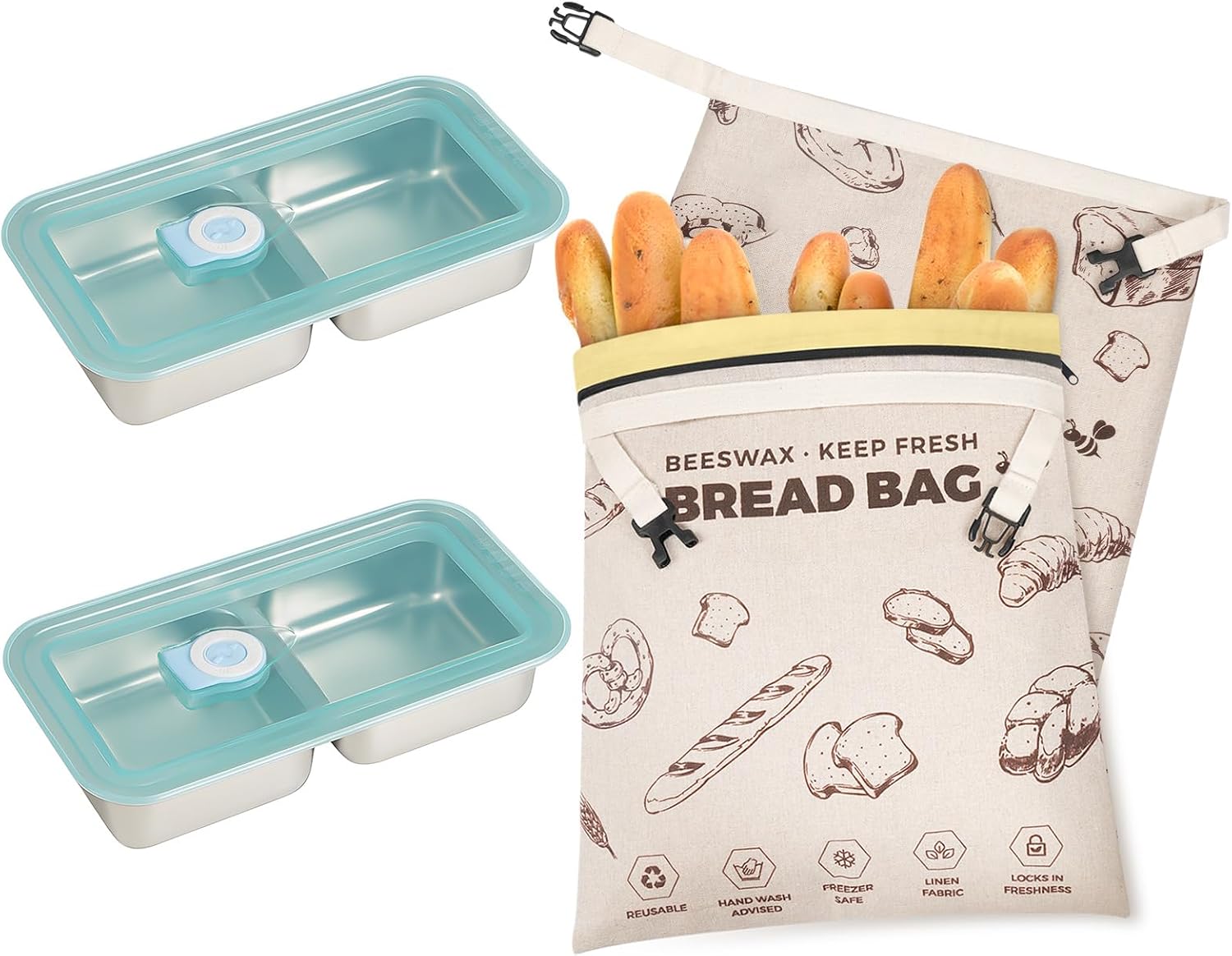 YARRAMATE Beeswax Bread Bags 2PCS & Stainless Steel Snack Containers 2PCS