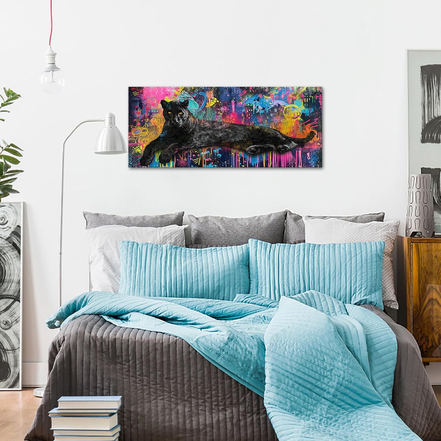 iKNOW FOTO Black Panther Wall Art 20x48 Inch Colorful Graffiti Canvas Prints Modern Animal Artwork for Living Room Bedroom Office Hallway Stretched Canvas Ready to Hang