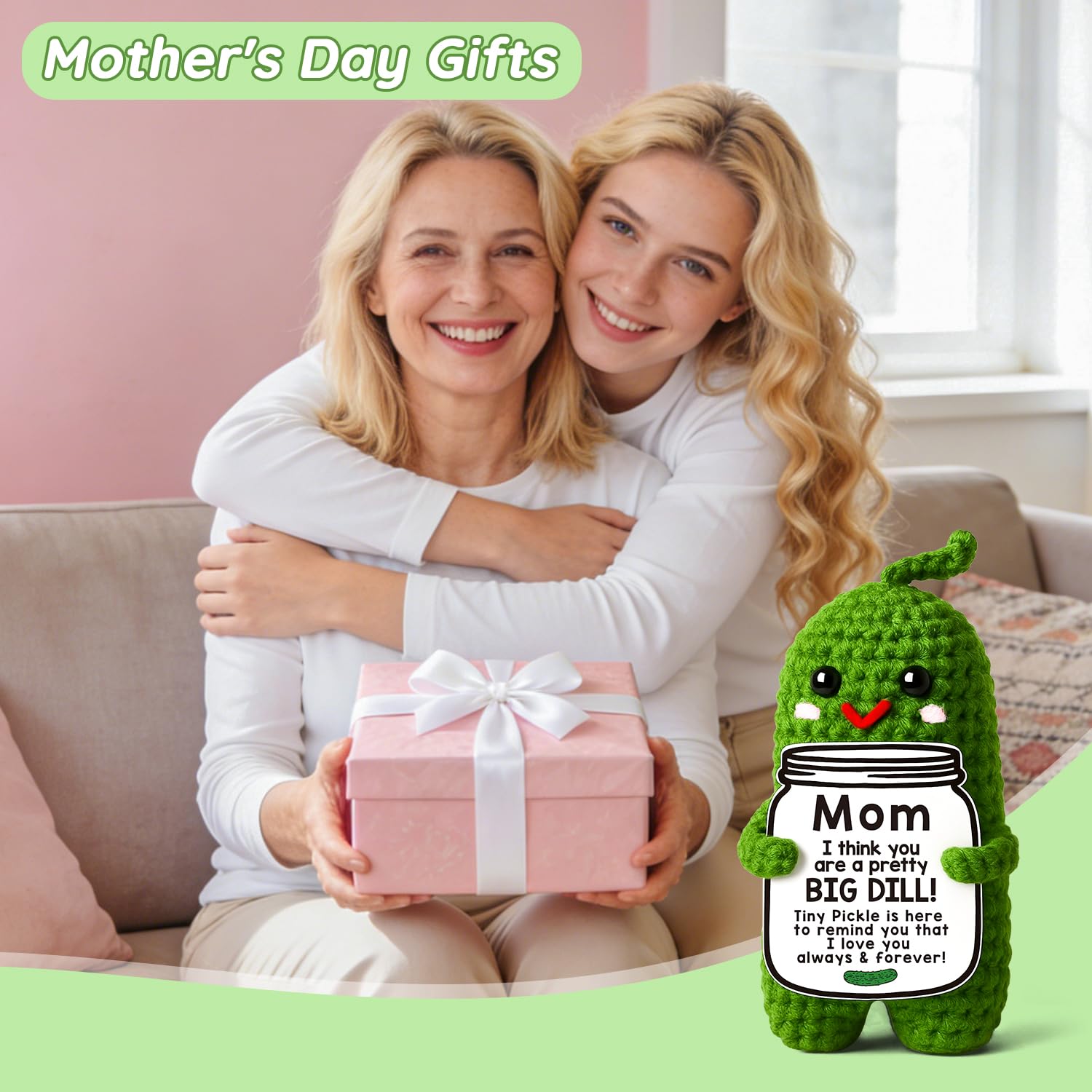 MAMAGIFTREE Valentines Mom Gifts from Daughter or Son, Birthday Gifts for Mom,Crochet Pickle Plush “Big Dill” Gift for Mother in Law or Stepmom Funny I Love You Mama, Small Cute Room Decor