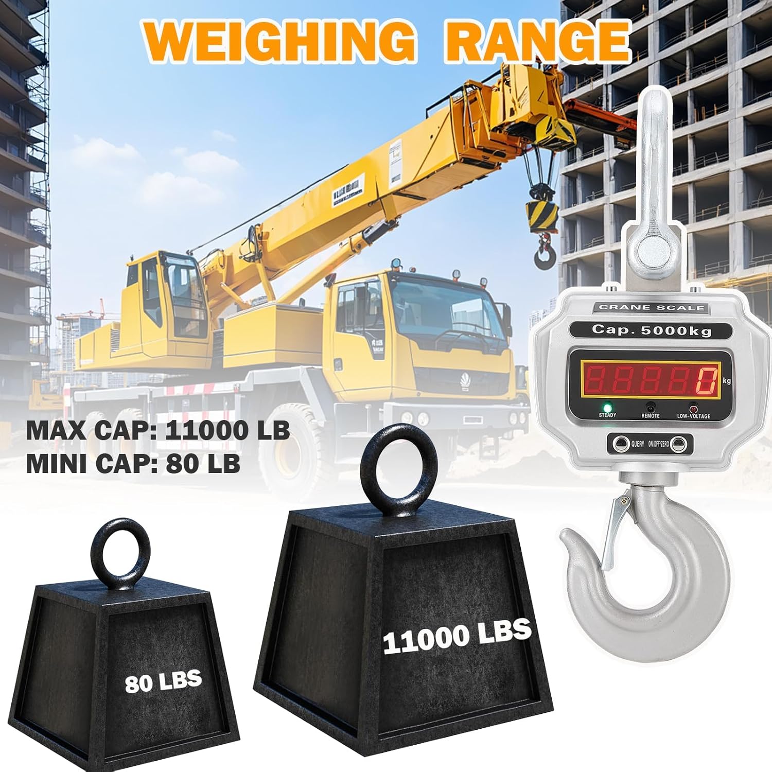 Heavy Duty Digital Crane Scale, 11000lbs Capacity Digital Hanging Scale, Remote Control & High Precision & Rechargeable Industrial Hanging Hook with Cast Aluminum Case for Construction, Factory