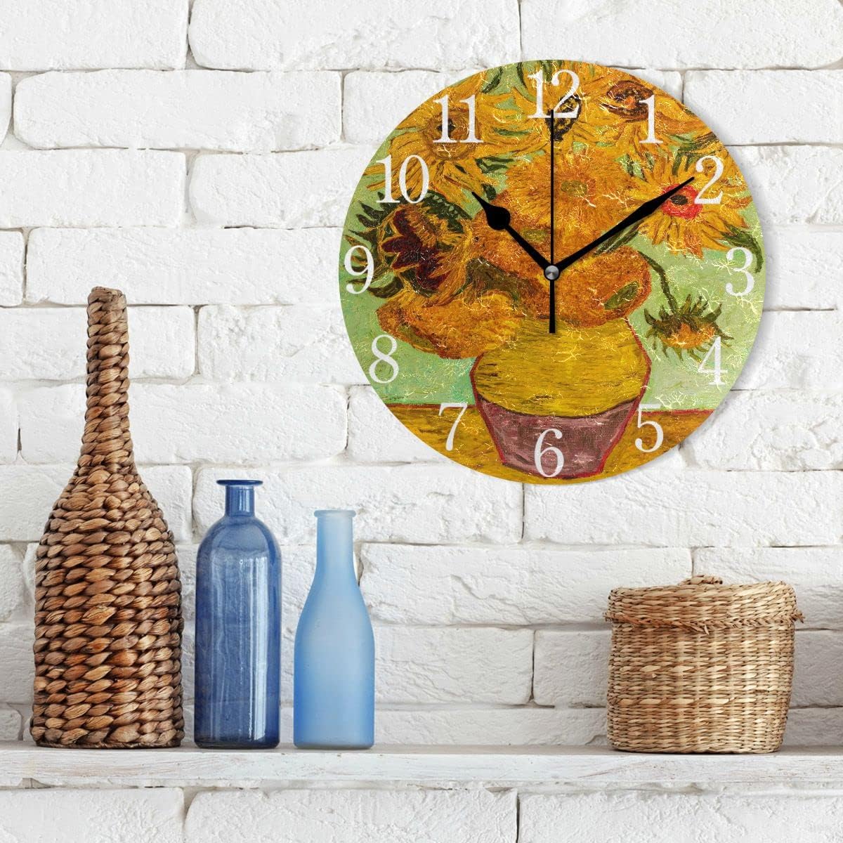 senya Wall Clock Silent 9.5 Inch Battery Operated Non Ticking Sunflower Print Van Gogh Round Decorative Acrylic Quiet Clocks for Bedroom Office School Home by domook