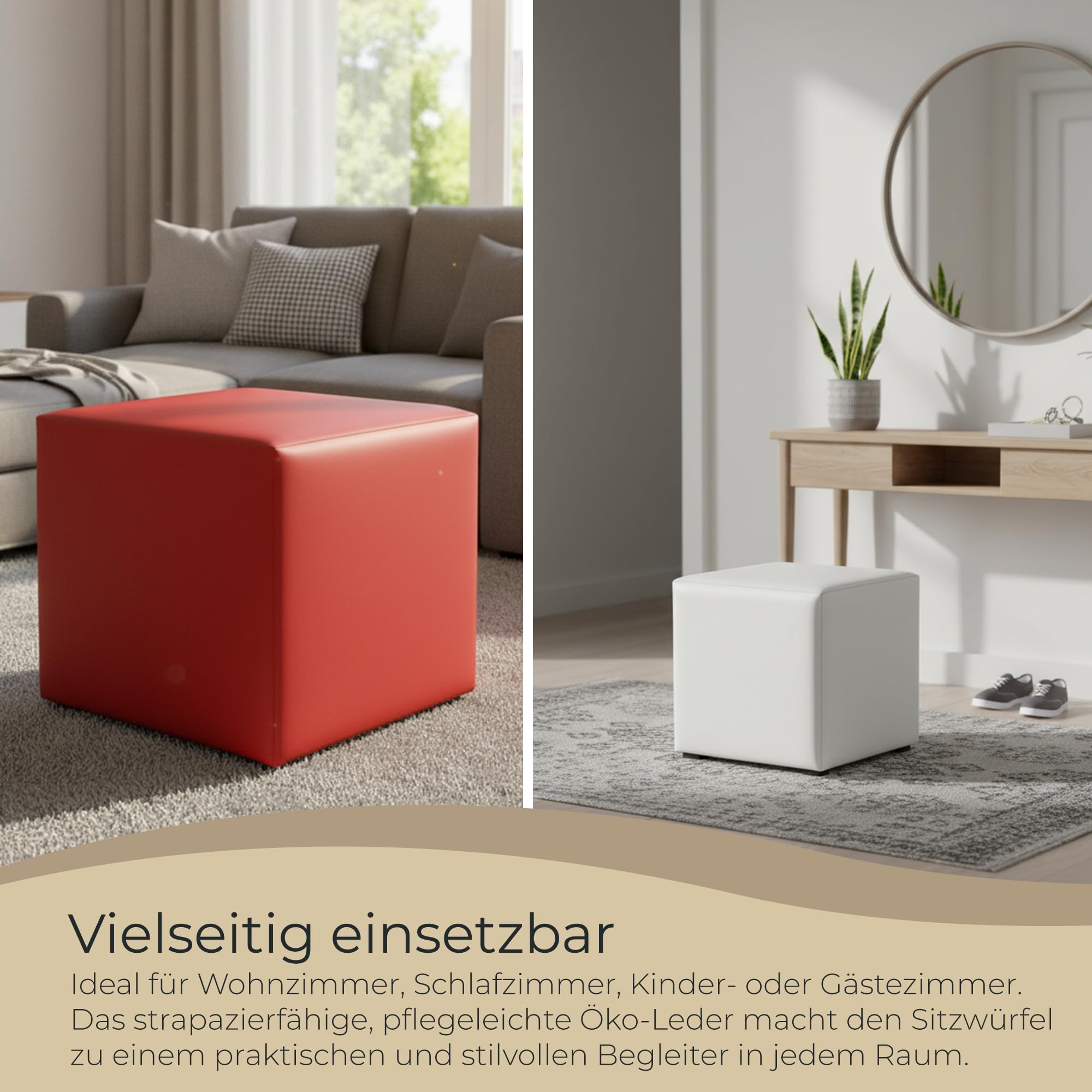 Hocker Wohnzimmer Sitzhocker - Quadratisch 40 x 40 cm - Sofahocker - Öko-Leder - Schwarz