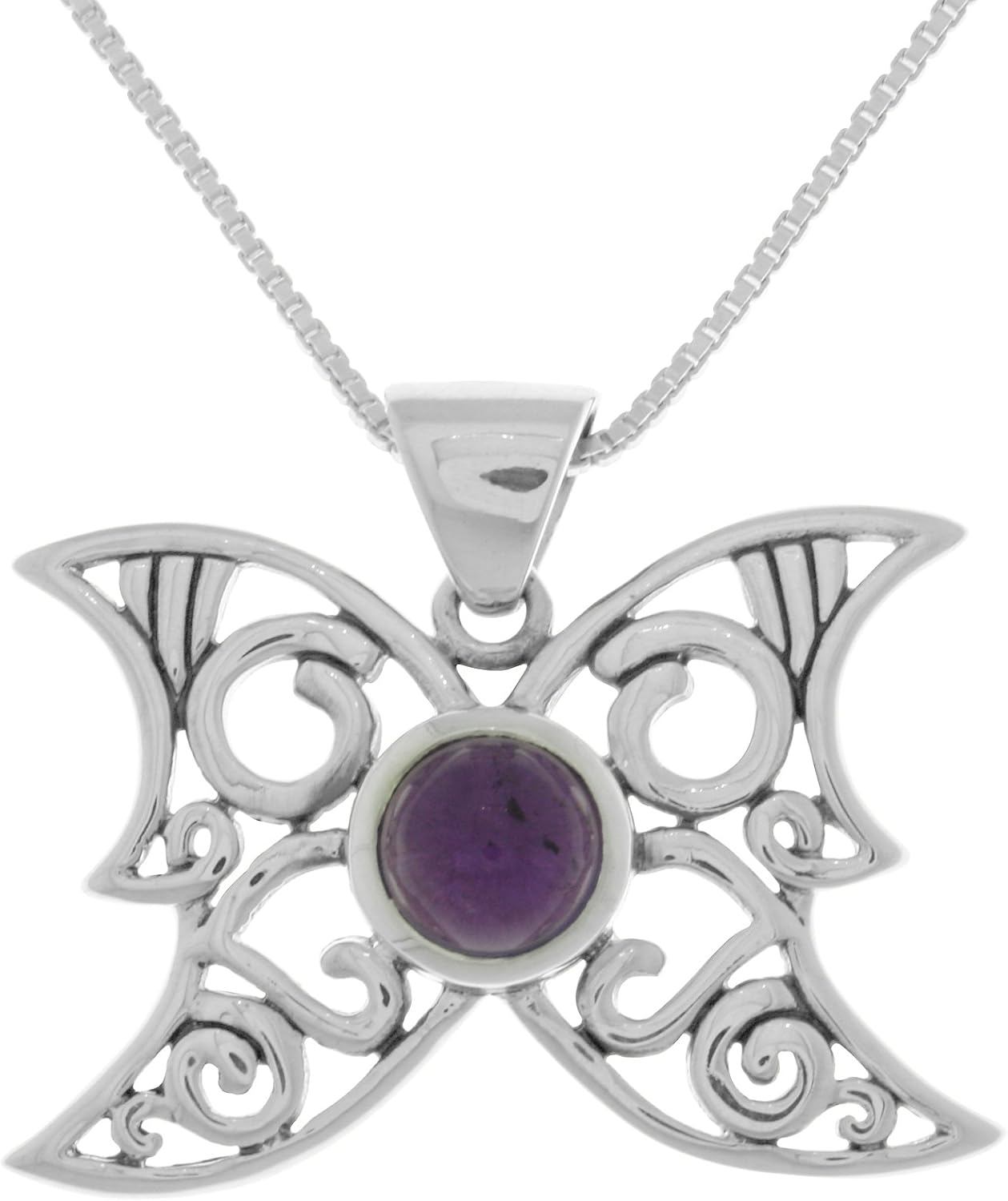 Jewelry Trends Sterling Silver Moon Butterfly Pendant with Amethyst on 18 Inch Box Chain Necklace