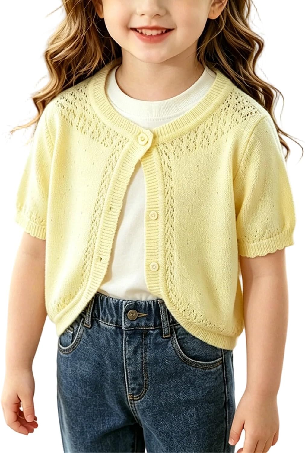 Toddler Girls Cardigan Sweater Short Sleeve Crew Neck Hollowed Knit Sweaters Button Down Open Front Soft School Uniform