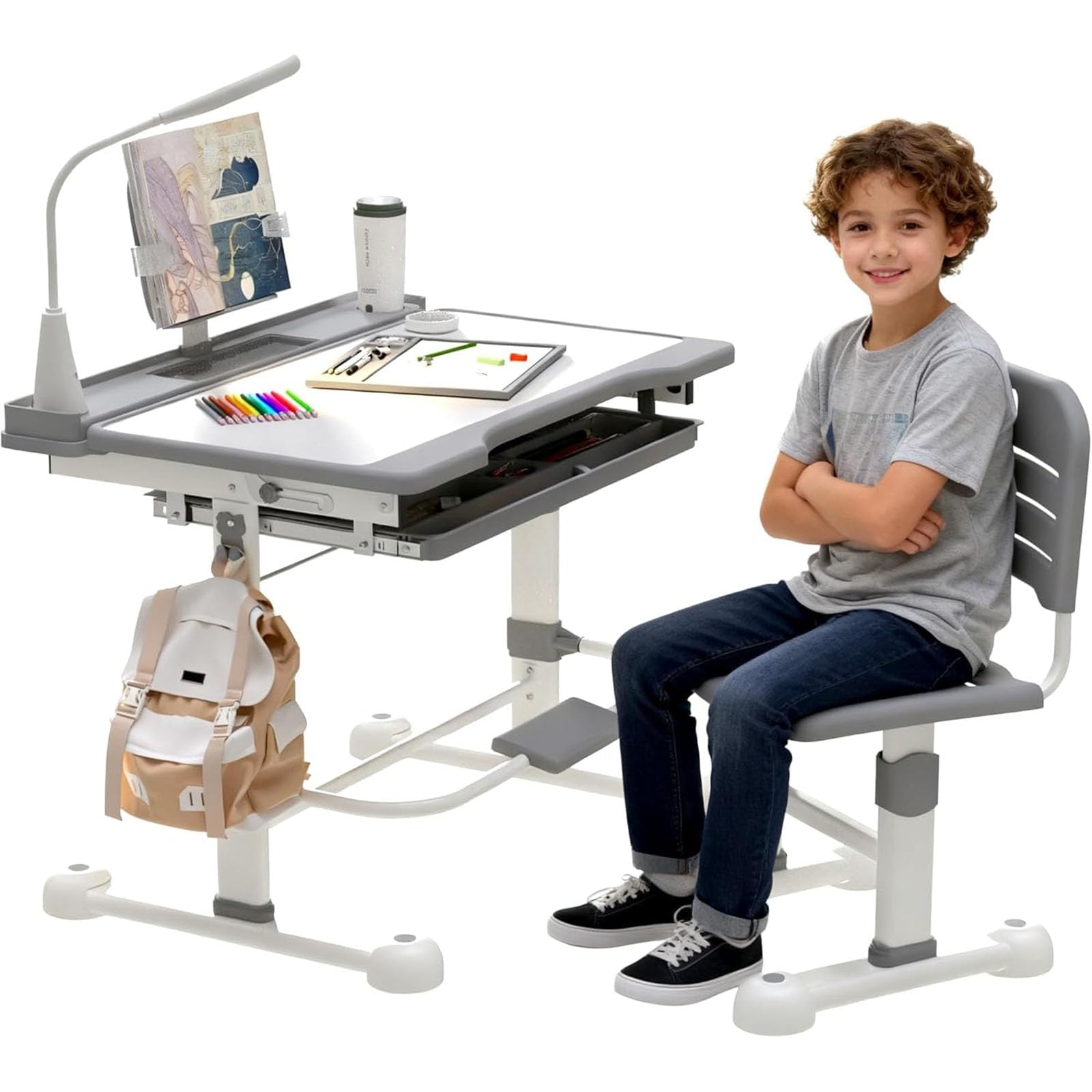 Ensemble Bureau et Chaise pour Enfants 3 à 12 Ans Chaise Bureau Enfant Fonctionnelle Hauteur Réglable Plateau Inclinable à 45° Lampe Led Support de Lecture Boîte à Stylos Tiroir et Porte-gobelet, Gris