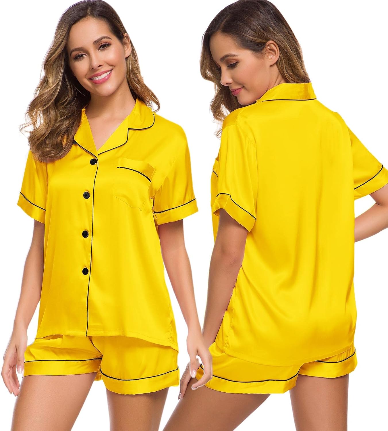 SWOMOG Women's Silk Satin Pajamas Set - Short Sleeve Button-Down Top & Shorts Loungewear, Yellow, Medium