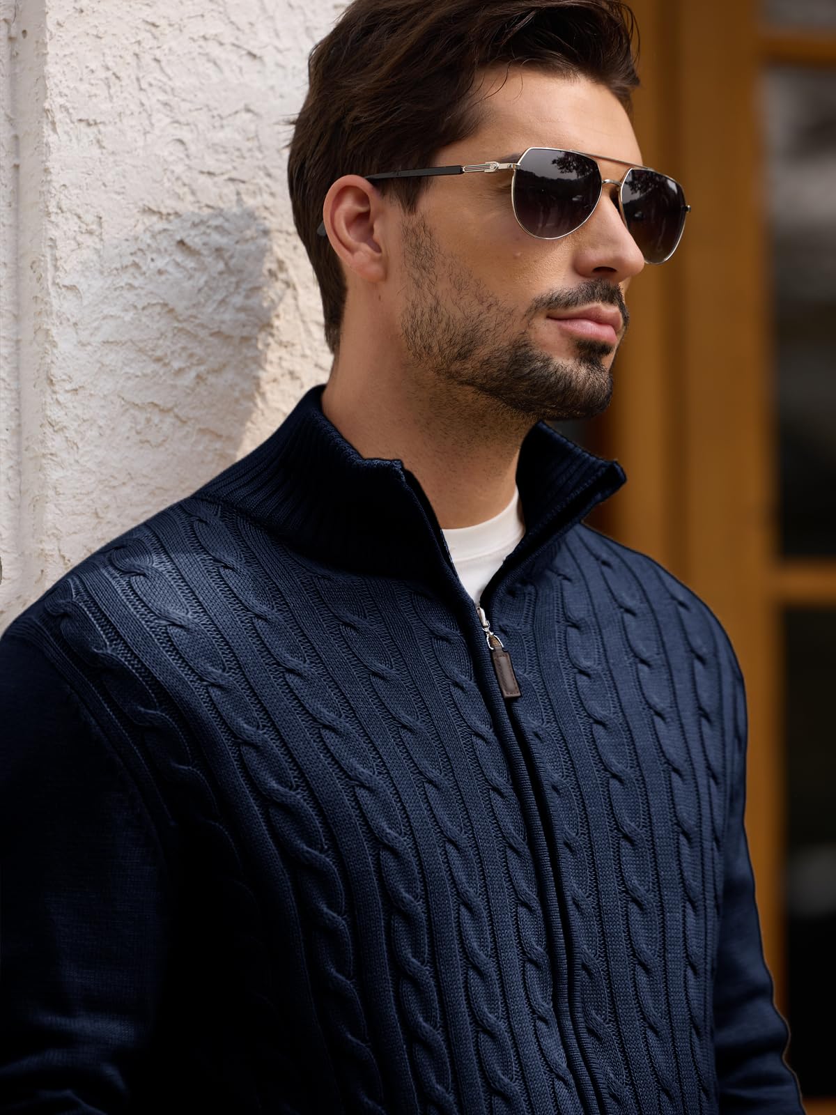 Les umes Cardigan Homme à Fermeture Éclair Pull Tricot Câblé à Col Debout Cardigan Chaud en Coton Détendu