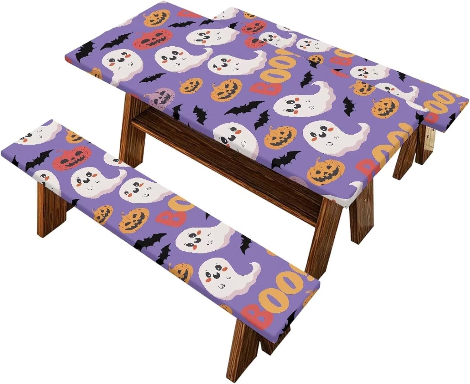 Table Cover and Bench Covers Fitted Camping Tablecloth Daisy Print 3 Pcs Set Water Resistant Cover for Indoor & Outdoor Dining Picnic