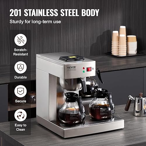 Miniatura 5 de VEVOR Cafetera de goteo comercial de 12 tazas, cafetera con 3 jarras de vidrio y 3 platos calentadores, cafetera de acero inoxidable para