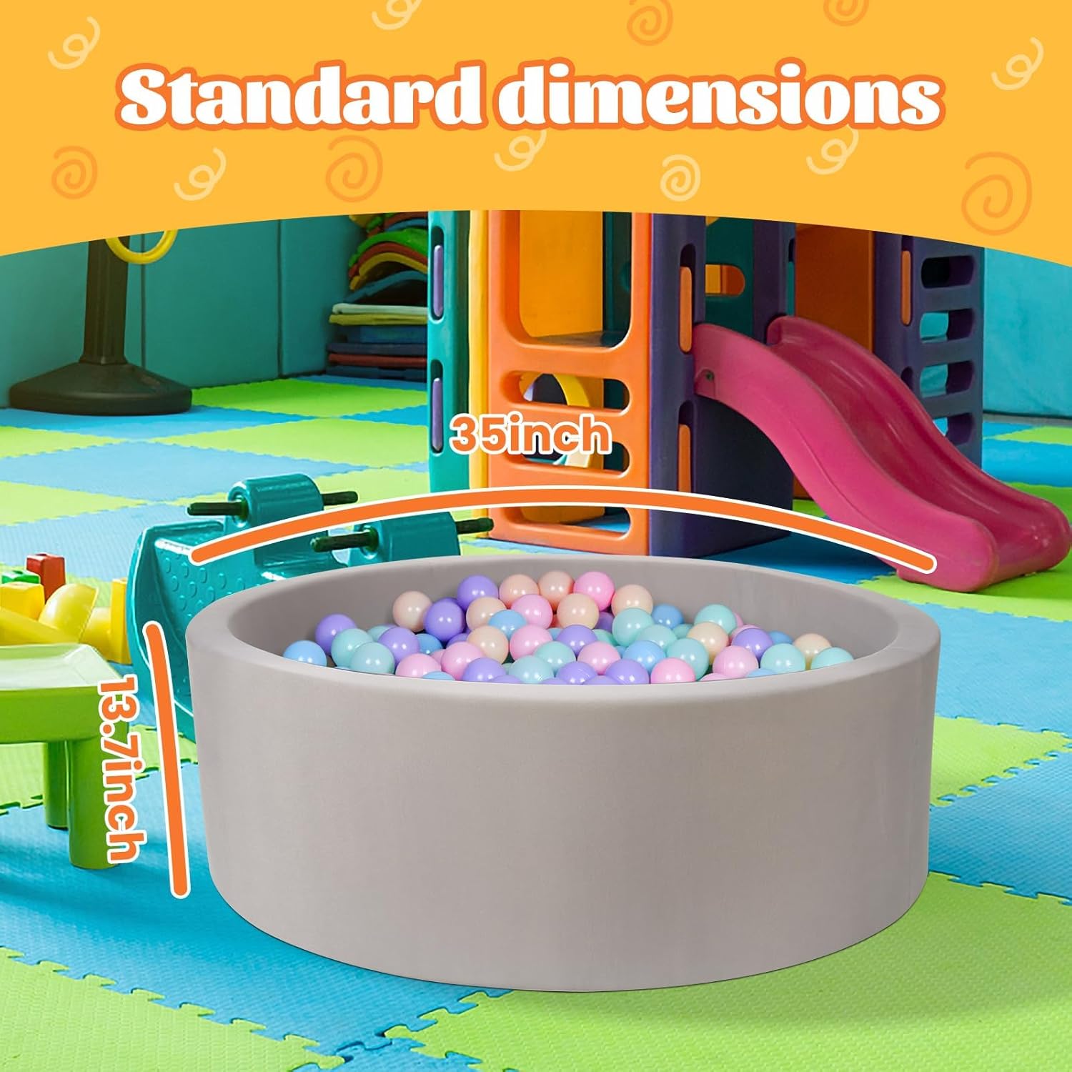 Baby Ball Pit for Balls 35.4" x 11.8" Round Foam Ball Pits for Kids Toddlers Soft Play Equipment - Balls NOT Included (Light Gray)