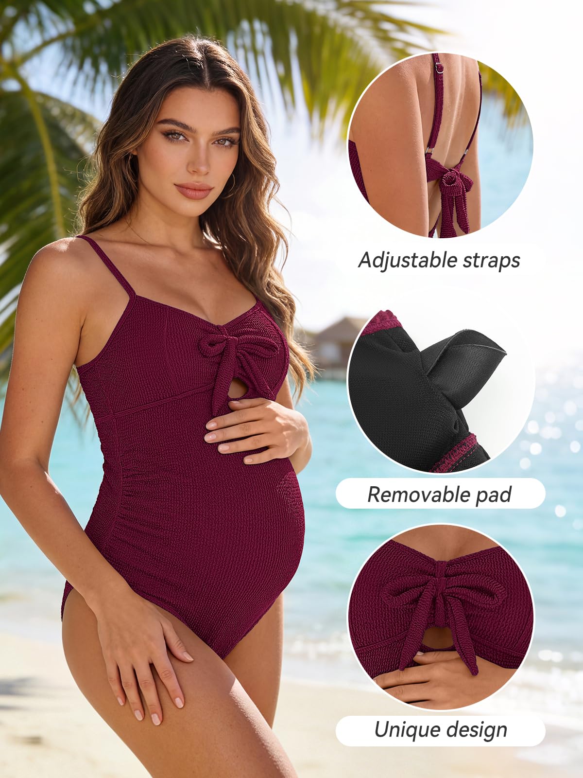 SHEKINI Costume da bagno intero premaman Gravidanza Increspato Cravatta Frontale Costumi da bagno con spalline regolabili Costume da bagno con ritaglio strutturato increspato