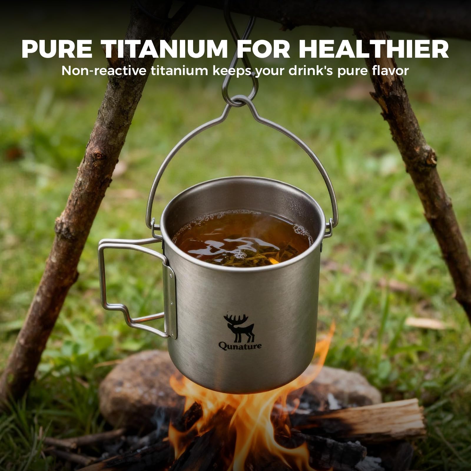 Kubek Tytanowy 750 ml z Pokrywką i Składanymi Uchwytami, Lekki Kubek Turystyczny do Gotowania i Picia, na Camping, Trekking, Bikepacking, z Pierścieniem do Zawieszania i Pokrowcem, 135 g