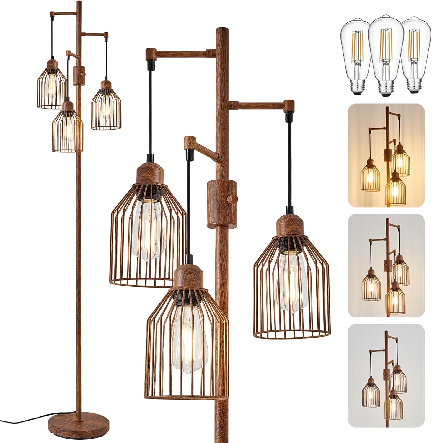 Dimmable Floor Lamp for Living Room, Farmhouse Floor Lamps with Elegant Hanging Cage, 3 x LED Edison Bulbs Included, 68.5" Industrial Standing Light for Bedroom Office Home Decor (Wood)