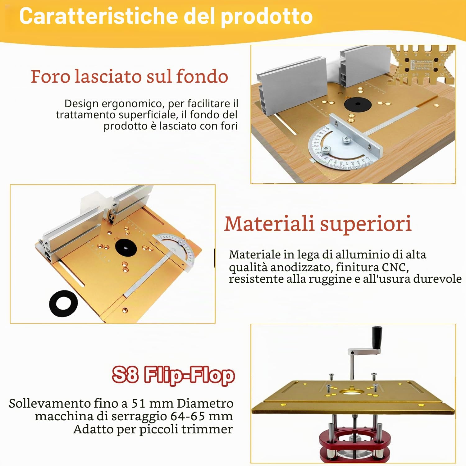 Set di Piastra Fresatrice da Banco in Alluminio, Piastre per Fresatura con Router Lift, Accessori per Fresatrice per La Lavorazione Del Legno(oro)