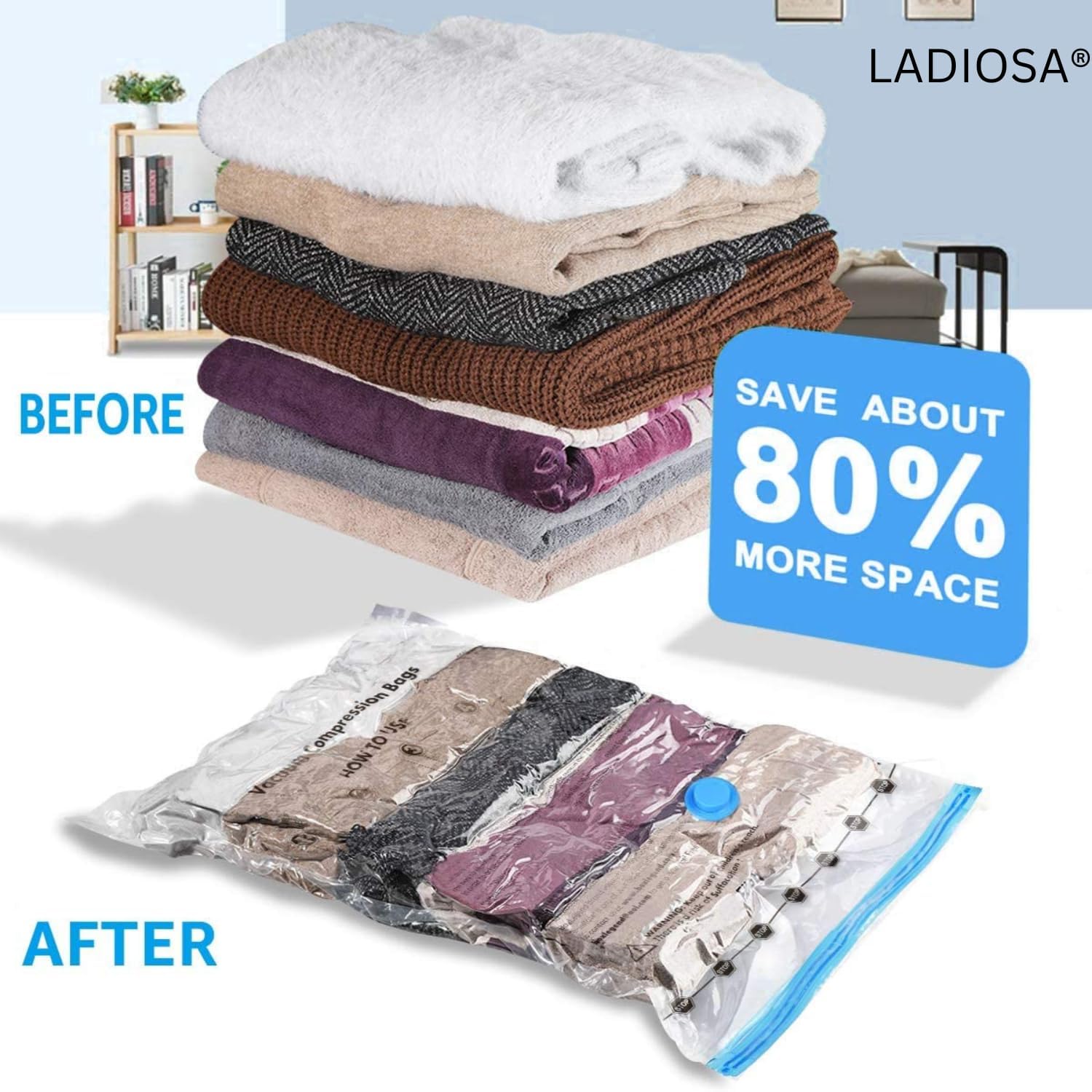 5 Pack Smart Saver Vacuum Bags for Travel, Space Saver Bags (1 Large/2 Medium/2 Small) Compression Storage Bags for Clothes, Comforters, Blankets Storage Vacuum Sealer Bags for Clothes Storage, 3