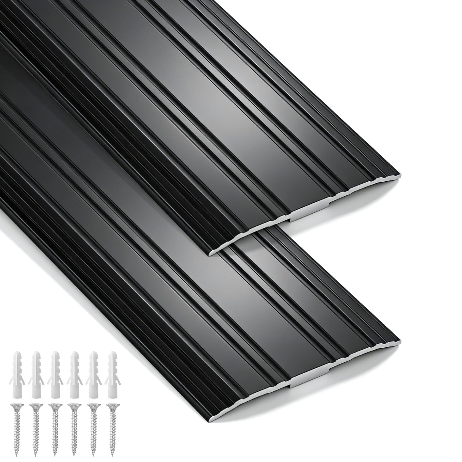 Condition photo showing New/Like New for sturdy aluminum door threshold for doorways, 36''l x 3''w flat-profile floor transition strip with anti-slip groove design, exterior door threshold for indoor & outdoor (black) 2 pieces in each box, 2 boxes toal/4 total