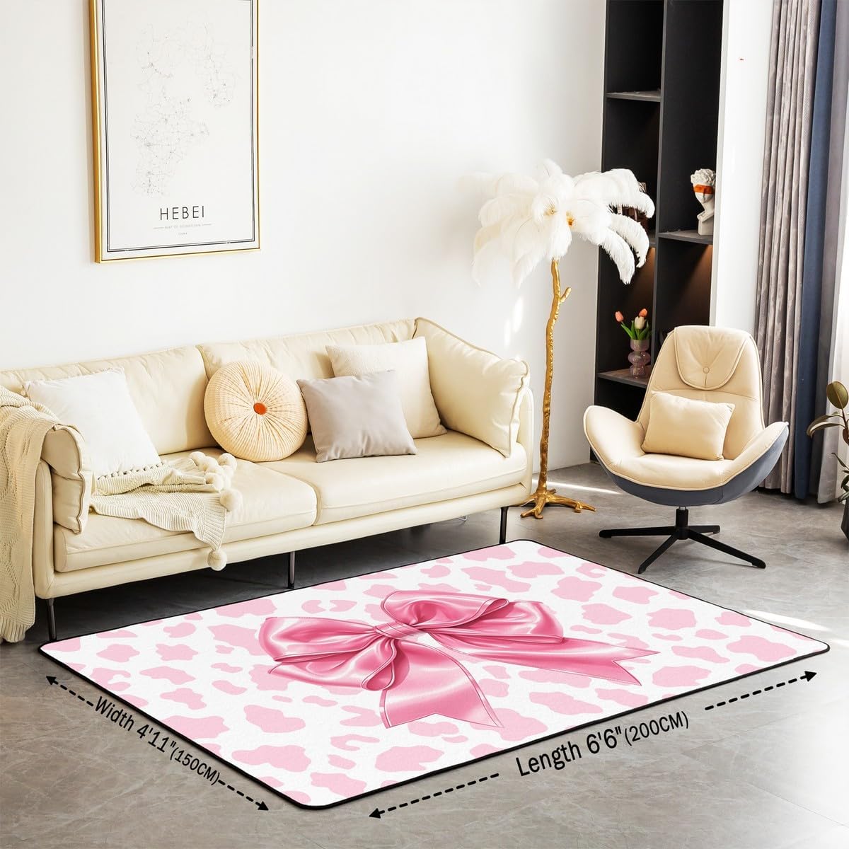 Princess Bow Area Rug 3x5 | Pink Cow Print Rugs for Living Room Kawaii Bow Tie Cute Ribbon Bowknot Washable Rug, Farmhouse Cowhide Western Carpet Indoor Floor Mat