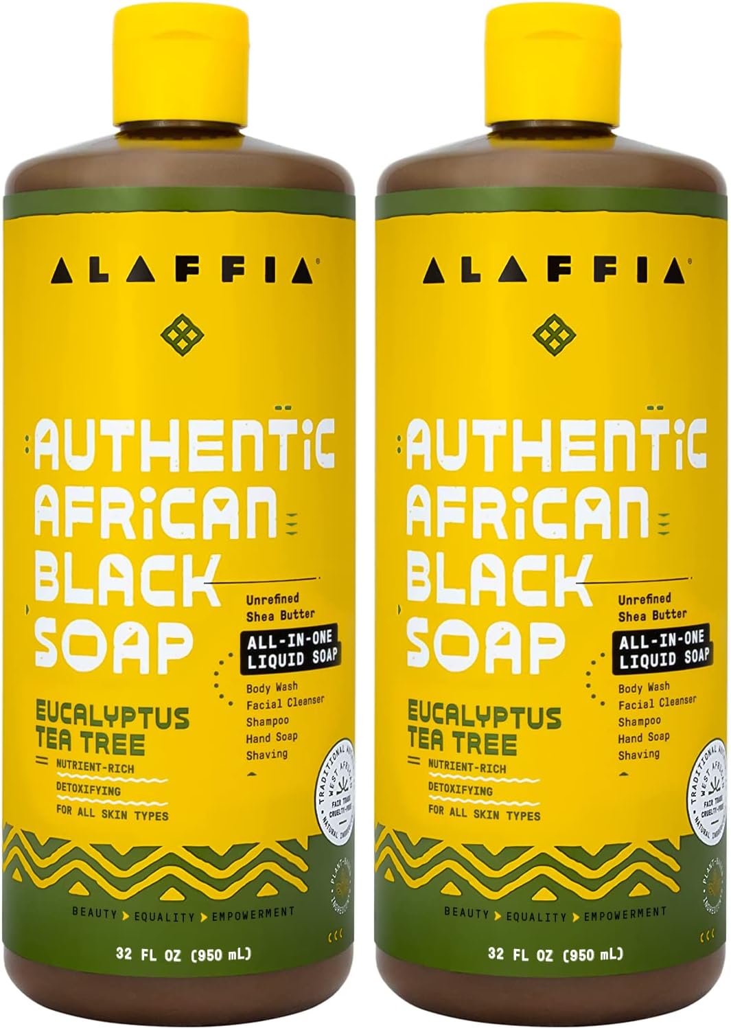 Authentic African Black Soap, Eucalyptus Tea Tree, 2-Pack – All-in-One Moisturizing Cleanser for Face, Hands, Body & Hair, 32 Oz Ea