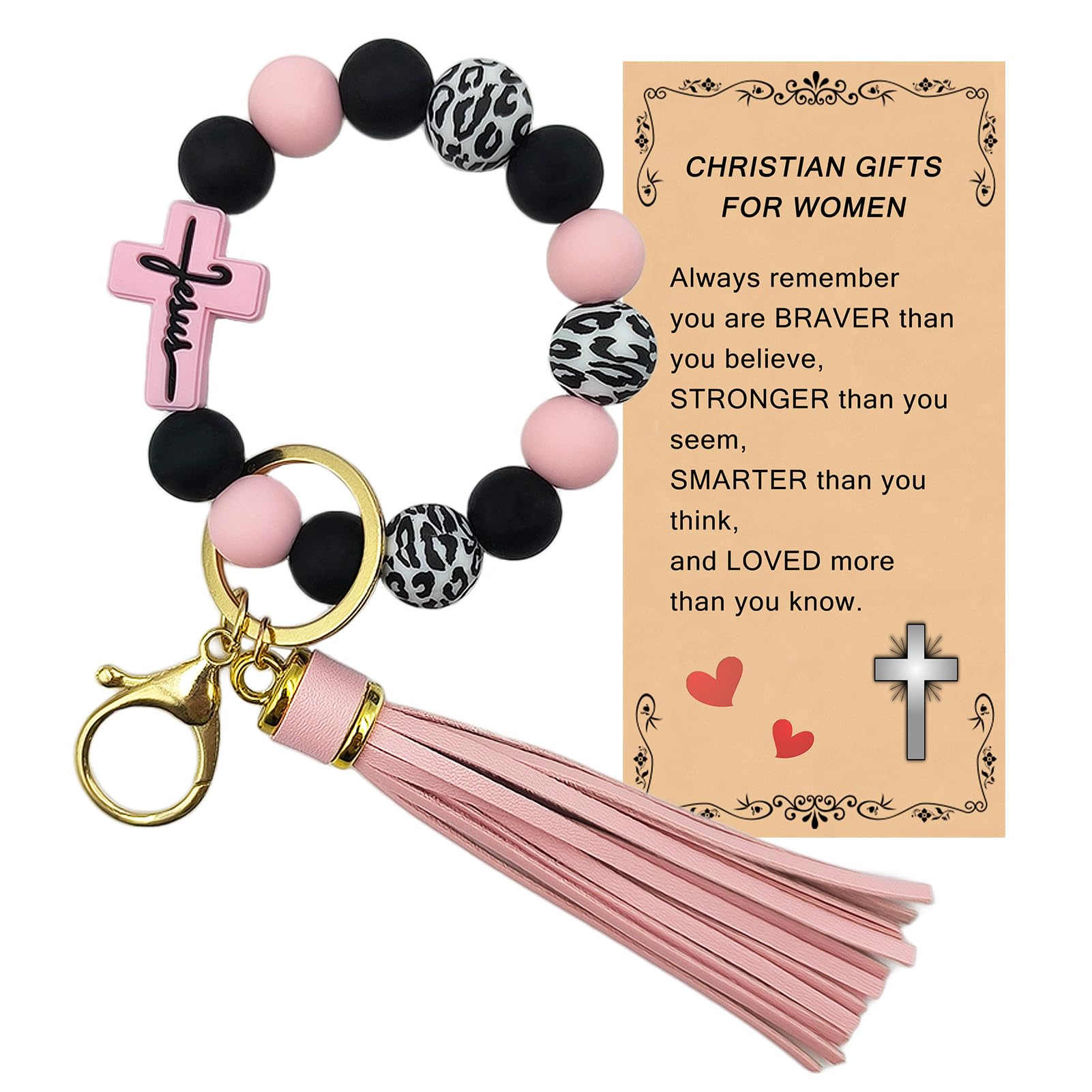 Silicone Beaded Keychain Wristlet Bracelet,Key Wrist Jesus Cross Keychains for Women Girls
