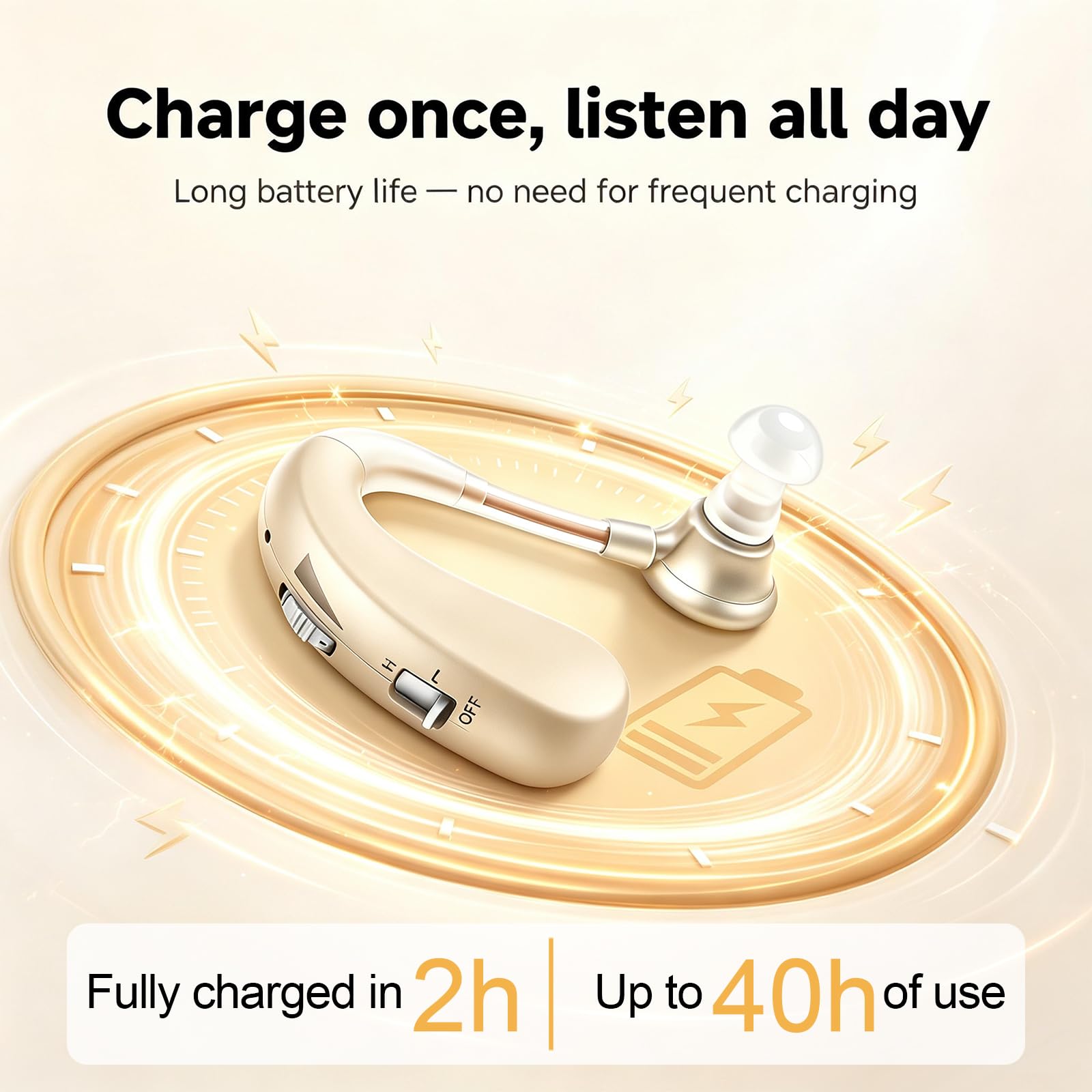 Dispositivo de sonido recargable para personas mayores y adultos, dispositivo de audio con 40 horas de reproducción, se adapta al oído izquierdo o derecho, 2 modos de audio, 4 niveles de volumen