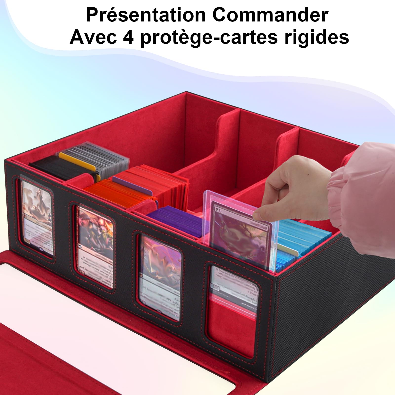 Commander Boite Rangement Carte pour Magic The Gathering(MTG)/ TCG/YuGiOh | Deck box avec Commander présentoir avec poignée de transport & 4 bouchons & 24 intercalaires