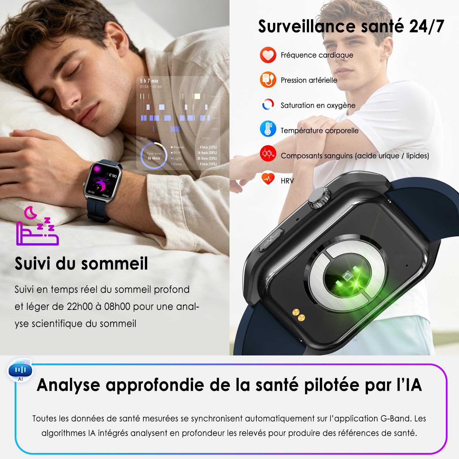 Marsyu Montre Connectée Homme ECG/IMC/HRV/Tension Artérielle IP68 Étanche
