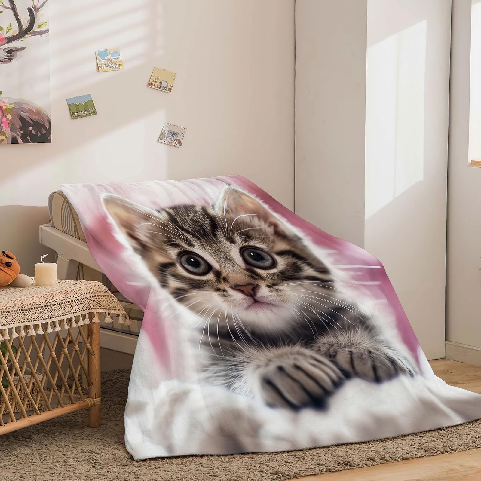 Miękki i lekki koc polarowy, uroczy kot fotografia oddychający koc flanelowy, zmywalny koc, 200 x 200 cm, odpowiedni do sofy w łóżku i na pikniki