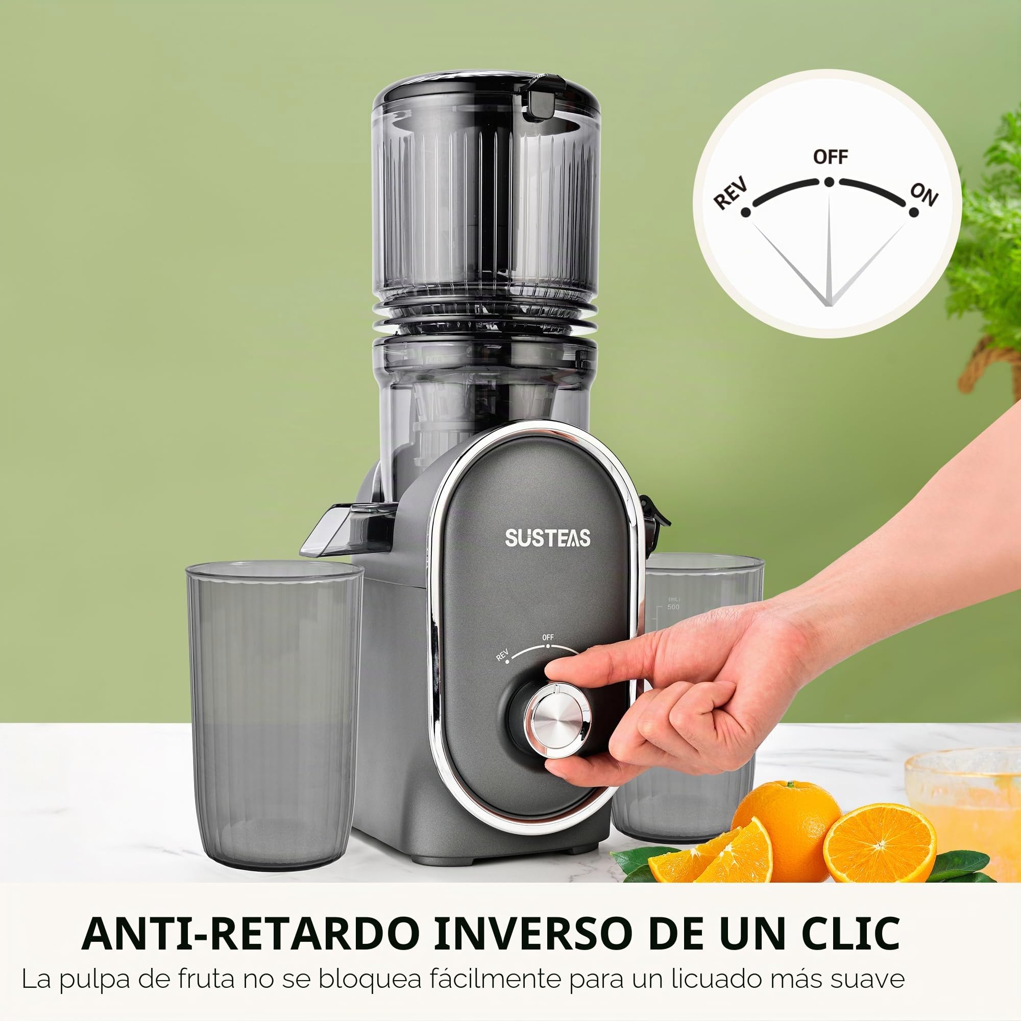 SUSTEAS Máquinas exprimidoras de prensa en frío, canal de alimentación de 13,5 cm (capacidad de 1,5 L), extractor de zumo de masticación lenta de 300 W para frutas y verduras enteras, alimentación