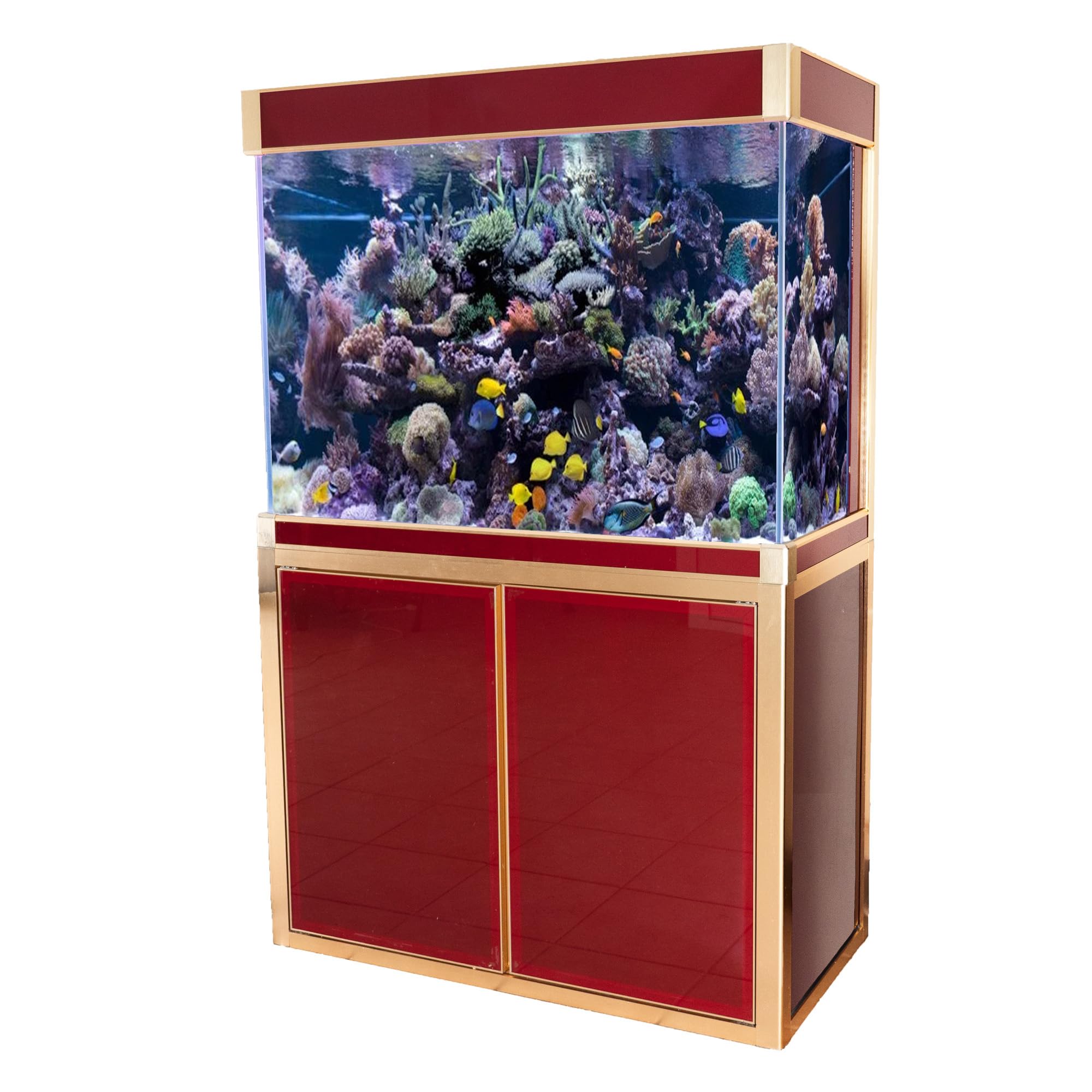 100 Gallon Glass Aquarium with Aluminum Cabinet - Including Sump for Filtration and Circulation, Plumbing, LED, Red with Gold Trim