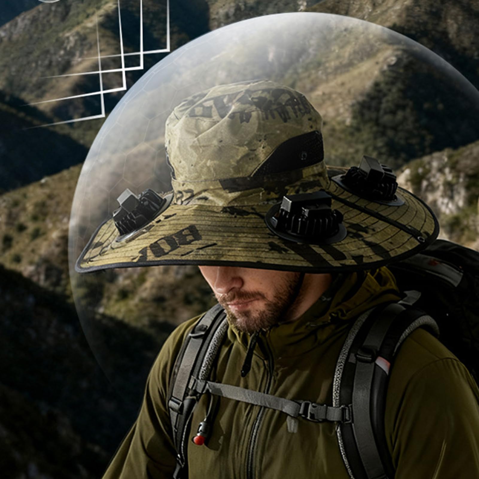 Cappello con Ventilatori a Energia Solare - Ventola a 4 Teste, Tesa Larga, Alimentato a Energia Solare - Cappello da Pescatore per Esterni - per Pesca, Campeggio, Giardinaggio, Hiking, Lavoro, Viaggi,