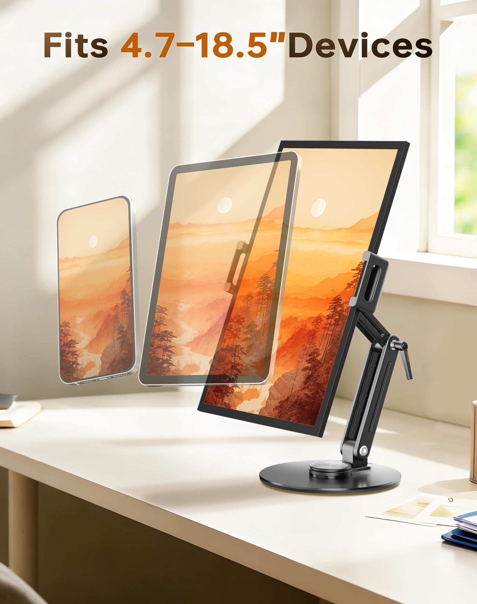 Supporto portatile per monitor e tablet, robusto supporto in alluminio, base girevole a 360°, capacità di carico di 2 kg, pieghevole per iPad da 4,7-18,5 pollici, tablet, monitor, cucina e viaggi